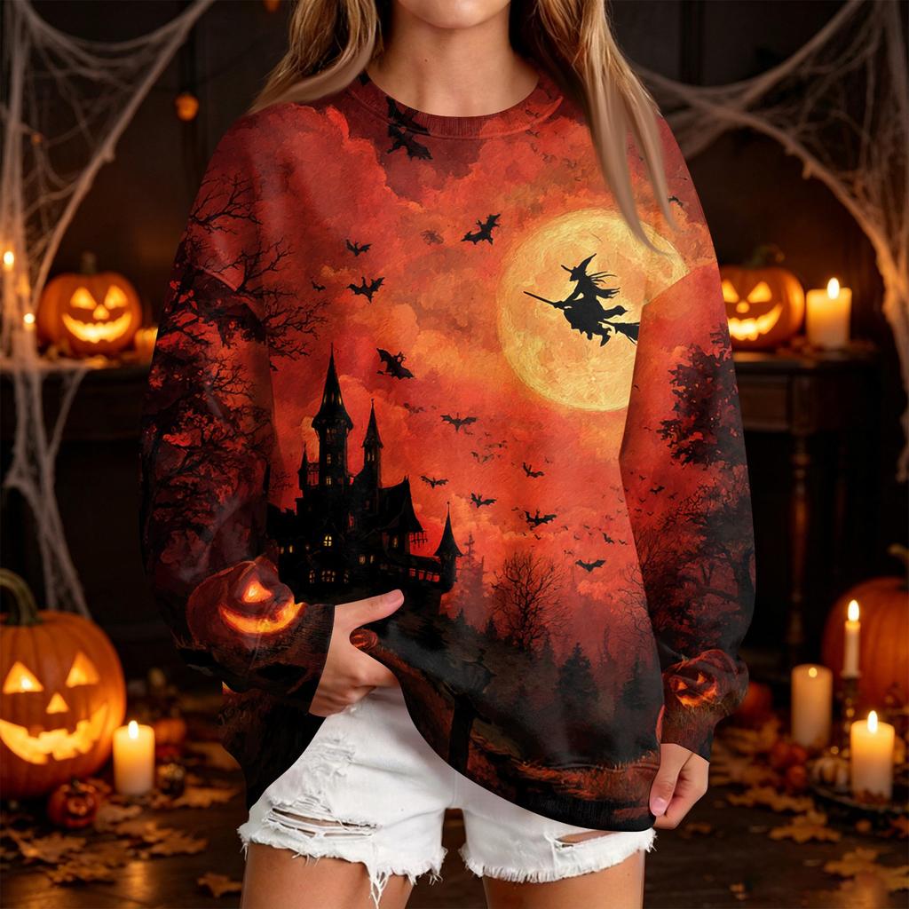 Women's Casual Round Neck Sweatshirt with Halloween Print, Long Sleeve Pullover for Festivals