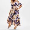 Summer Women's Dress V-neck Short Sleeve Large Size Casual Bohemian Print Irregular Dress Fishtail Skirt