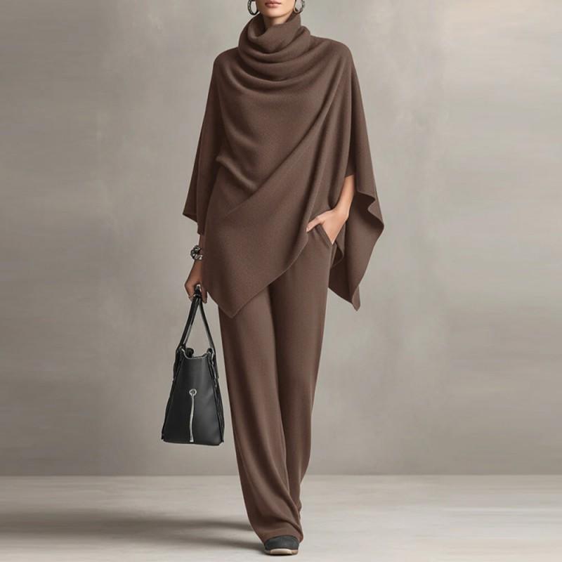 

Women s Fashionable Suit Piled Collar Cape Top Wide-leg Pants Two-piece Set S света кофе