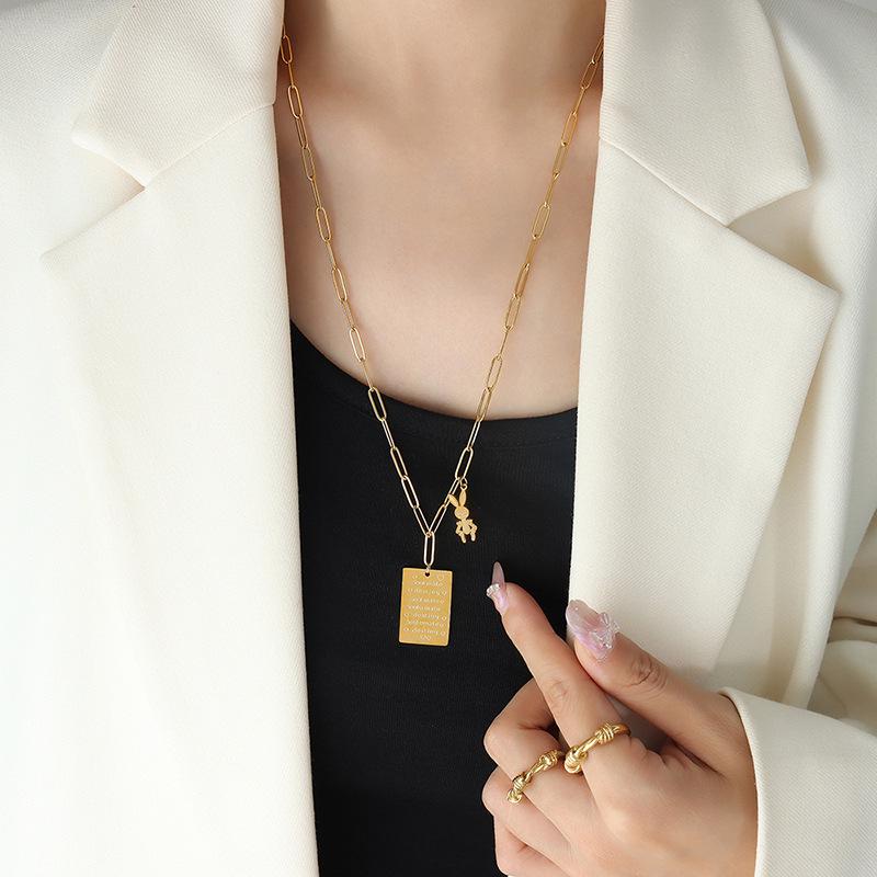 Love Letter Rabbit Pendant Necklace: Rectangle, Long Chain, Fade-Resistant Gold-Plated Titanium Steel.