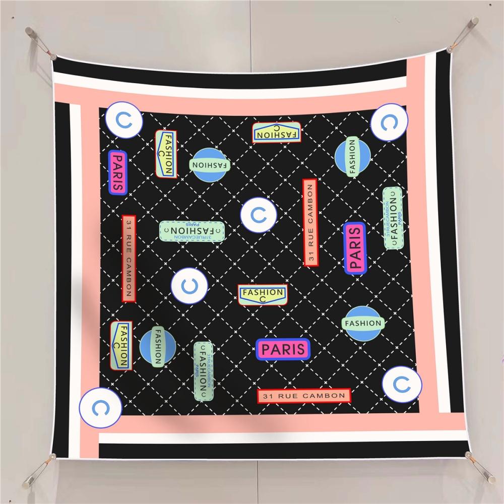 

90X90Cm New Design Letters Flowers Printed Twill Silk Scarf Square Scarves Lady Wraps Kerchief Woman Neck Shawl Wraps Echarpes 90CM x 90CM