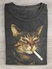 Unisex Washed Smoking‑Loving Cat Wax‑Printed Graphic Print Crew Neck Short Sleeve Retro Vintage High‑Quality Cotton Daily Wear Tee