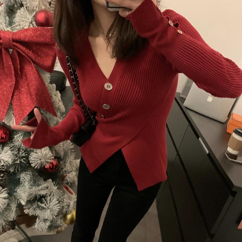Autumn Long Sleeve Casual V-neck Pullovers Sweaters Women Chic Cross Slim Fit Women's Knitted Sweater Tops Elegant Solid Fashion Winter Jumpers 25667
