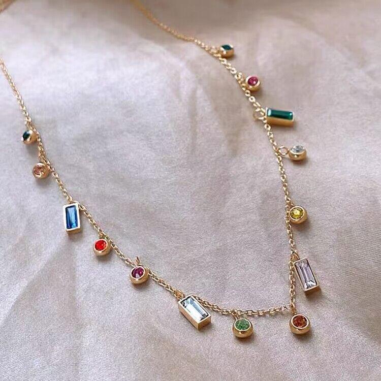 High-End Colorful Zircon Dopamine Necklace: Women's Titanium Steel European & American Style Clavicle Chain, Niche Design, Unique Personality.