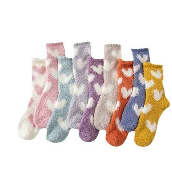 Warm Coral Fleece Women's Socks - Autumn & Winter Love Heart Non-Shedding Floor Socks for Home & Postpartum Comfort.