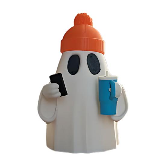 Halloween Ghost Figurine Cute Ghost Holding Phone And Cup Statue Small Ghost Tabletop Ornament for Halloween Home Decor