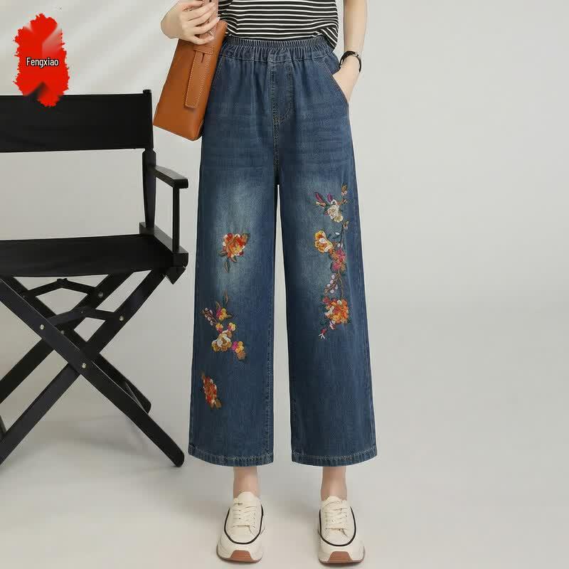 Fengxiao Embroidered Chinese Style Women s Cropped Jeans XL