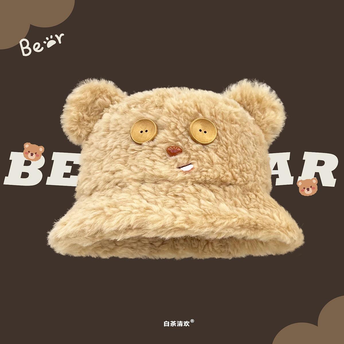 New cute button bear plush fisherman hat children thickened warm versatile lamb wool basin hat One size