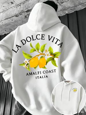 Retro italienischer Herren-Hoodie mit Zitronenmuster von der Amalfiküste und dem Slogan "Sweet Life", lässiges Streetwear-Langarm-Sweatshirt.