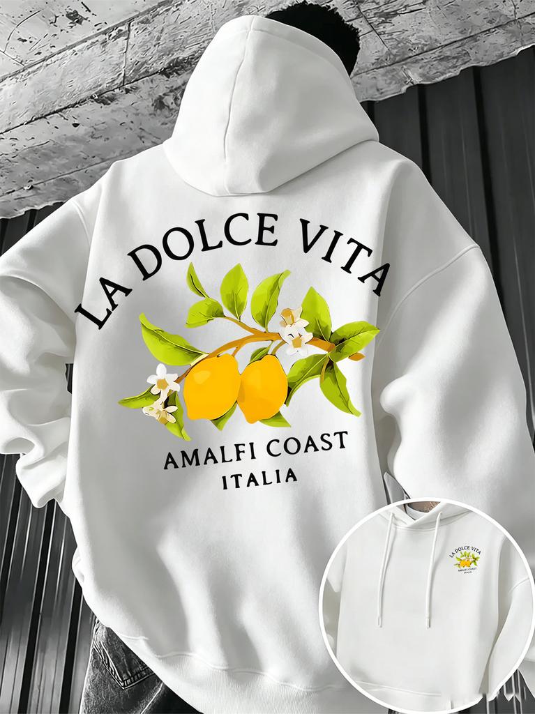 Retro italienischer Herren-Hoodie mit Zitronenmuster von der Amalfiküste und dem Slogan "Sweet Life", lässiges Streetwear-Langarm-Sweatshirt.