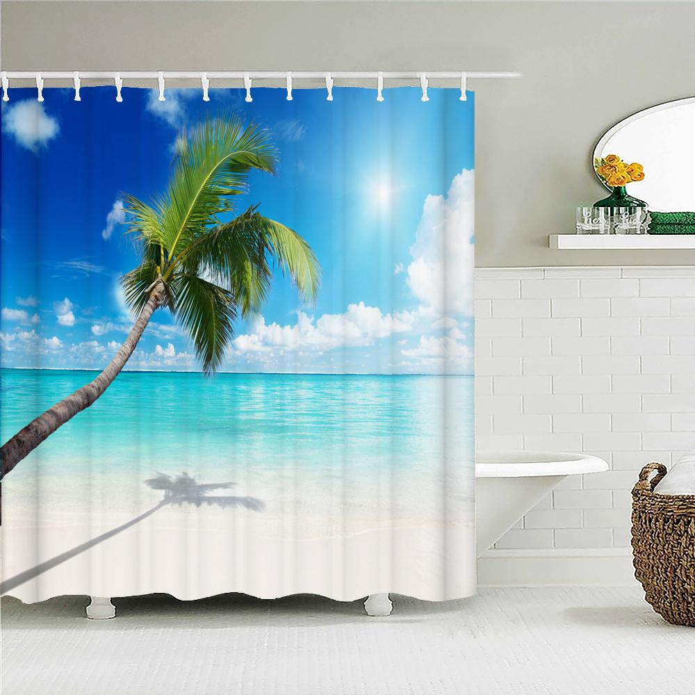 High Quality Sunny Sea Beach Scenery Fabric Shower Curtain Waterproof Printing Bath Curtains For Bathroom Decorate With Hooks