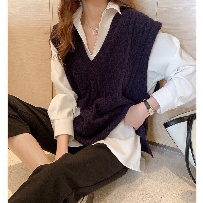 Women's Loose Fit Cable Knit V-Neck Sweater Vest - Autumn/Winter 2021, Thick OL Style, Korean Version.