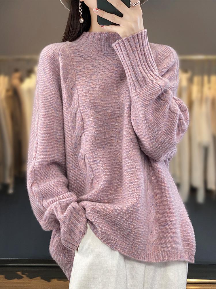 Women's 100% Wool Long Sleeve Half-High Neck Pullover Sweater