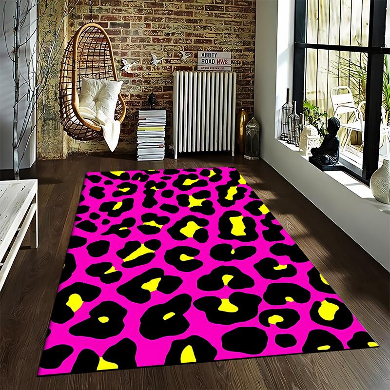 Leopard Print Carpet In Vibrant Pink, Black, and Yellow for Modern Home Decor Suitable for Use As an Anti-slip for Room and Bedroom Sofas