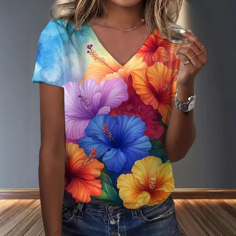 Womens V-Neck Loose Fit Short Sleeve T-Shirt With Colorful Geometric Starry Print Casual Top