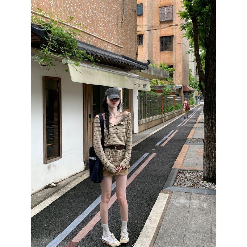 Kumikumi Gyaru Style Stripe off-Shoulder Collar Long sleeves Shirt Women clothes Autumn Retro Loose All-Match off-Shoulder Top