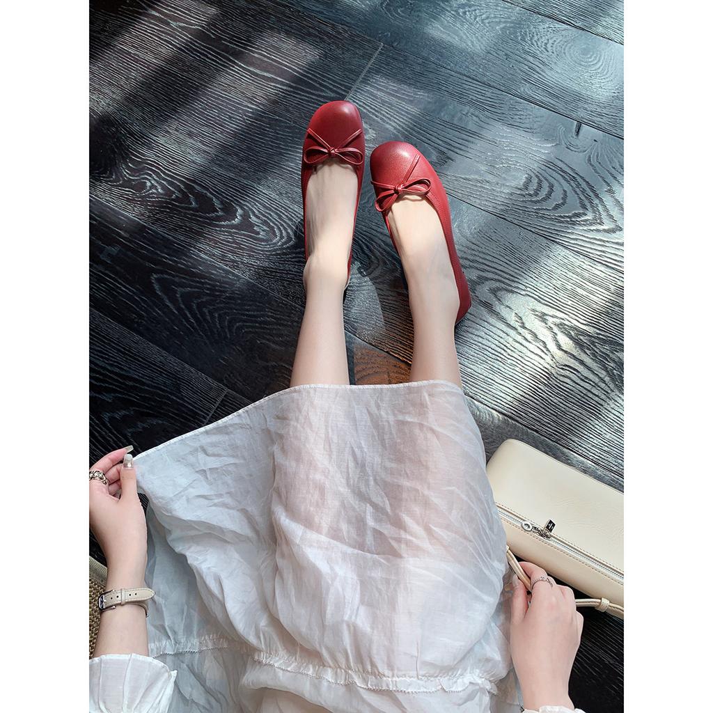 Grape Mother Studiolee Round Head Light Mouth Bow Solid Color Sheepskin High Heels Thick Heel Ballet Single Shoes Women