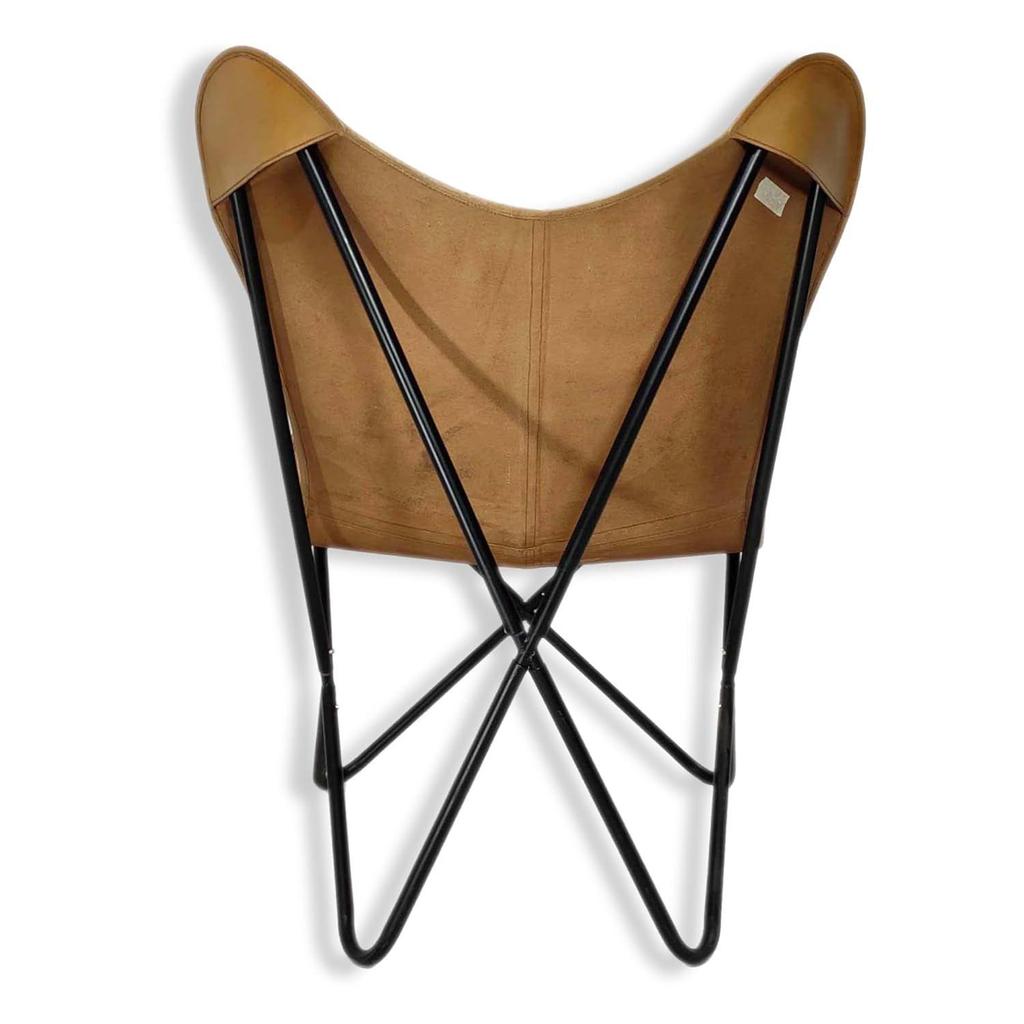 Camel Color Genuine Buff Leather Butterfly Chair - Comfortable Arm Rest Living Room Butterfly Chair – with Black Powder Coated Iron Stand