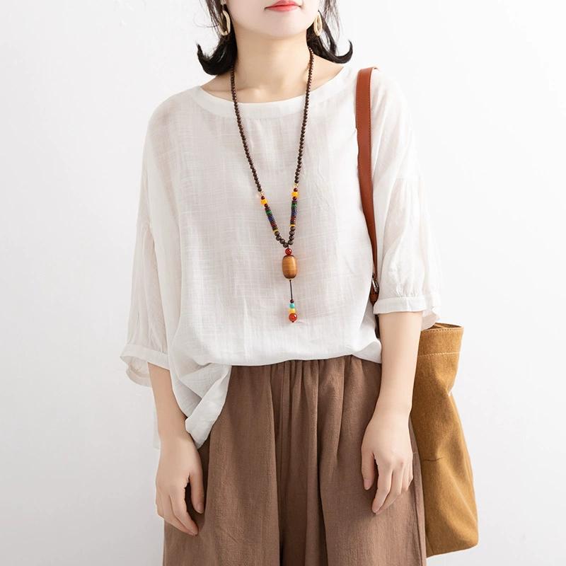 Women Summer T-shirt O-Neck 3/4 Batwing Sleeve Pullover Tops Casual Solid Color Loose Fit Summer Women's Blouse Streetwear