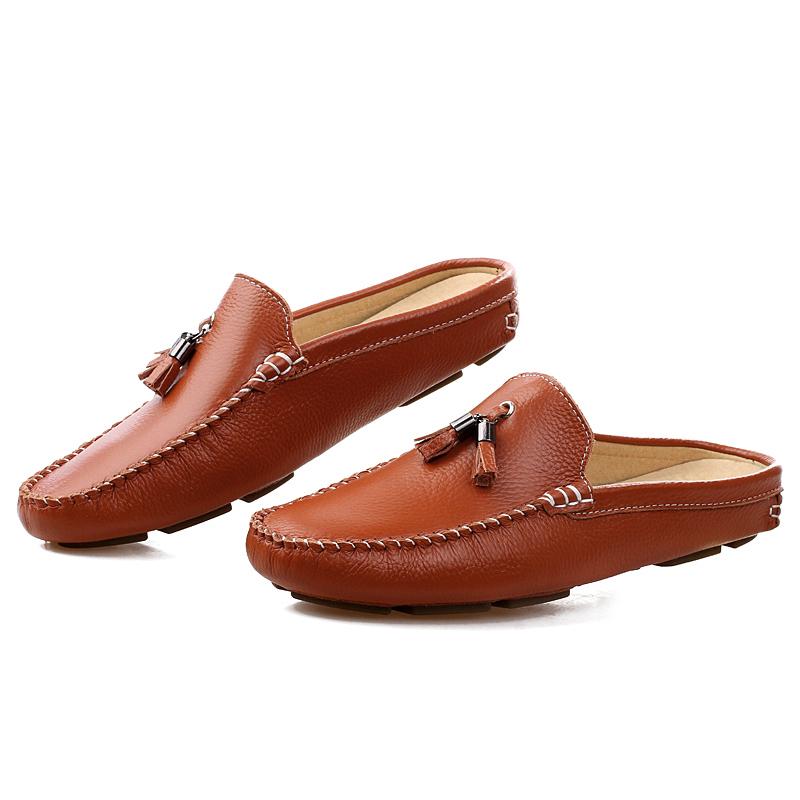 Summer Slippers Men's Shoes Casual Genuine Leather Half Shoes Slip On Loafers Men Breathable Tassel Driving Flats Man Moccasins