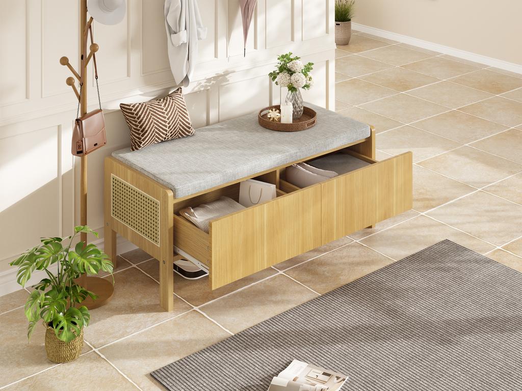 Shoe Bench, Storage Bench, Seating Cabinet, Side Panels with Rattan Weave, 2 Drawers, Color: Natural, Dimensions: 113 × 45.5 × 40 cm