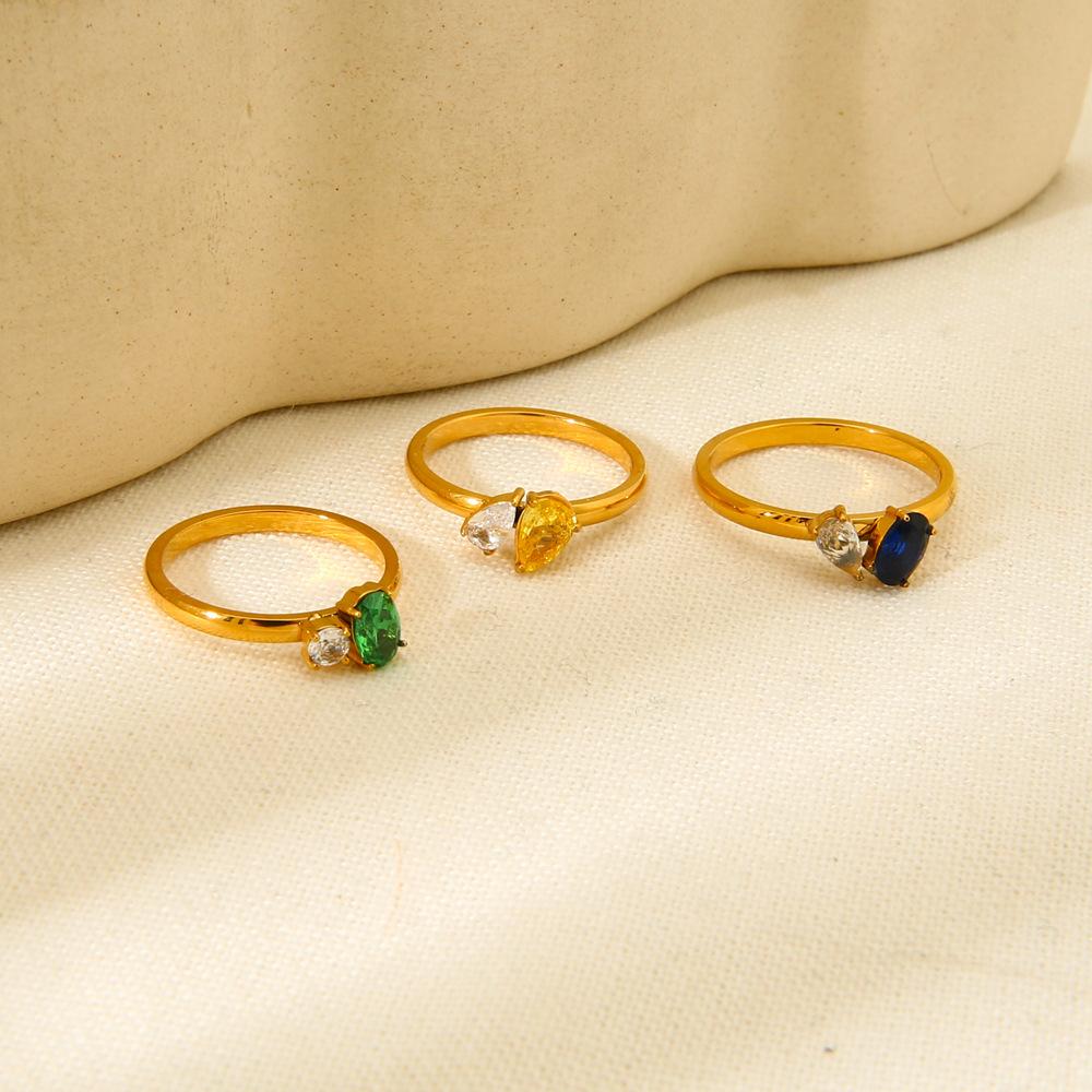 European and American Light Luxury Stainless Steel Geometric Water Drop Zircon Ring Electroplated 18K Gold High-end Jewelry