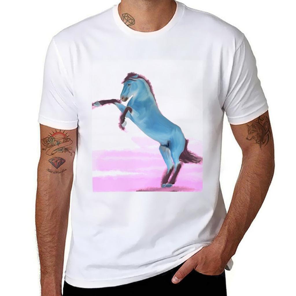 Blue Horse Rearing Tshirt Simple Trendy Casual Tshirt