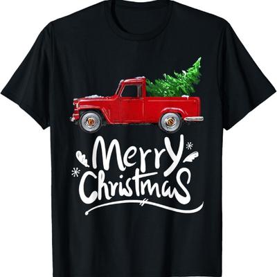 Caminhão Vermelho Vagão Vintage Árvore de Natal Pijama Presente Camiseta