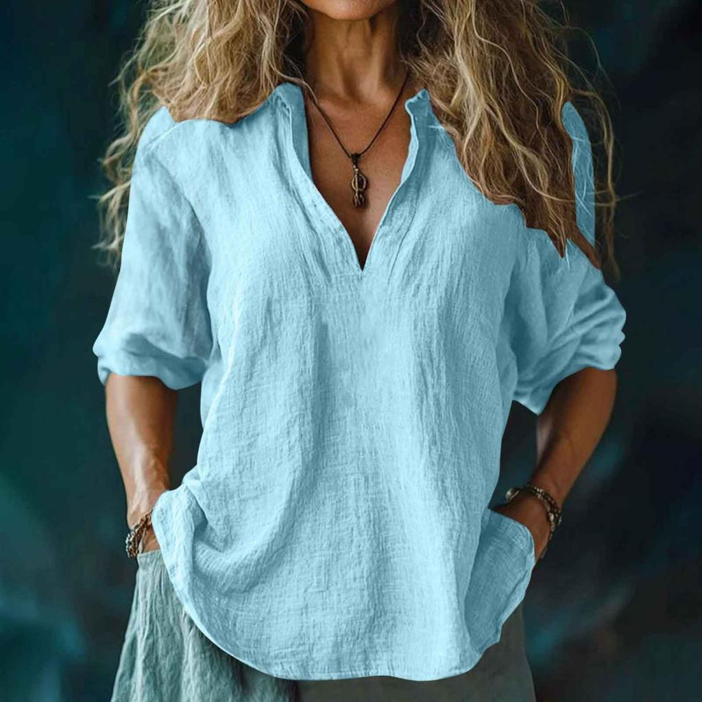 Women's Fashion Casual V-Neck Cotton-Linen Blend Shirt Loose-Fit Short-Sleeve Top