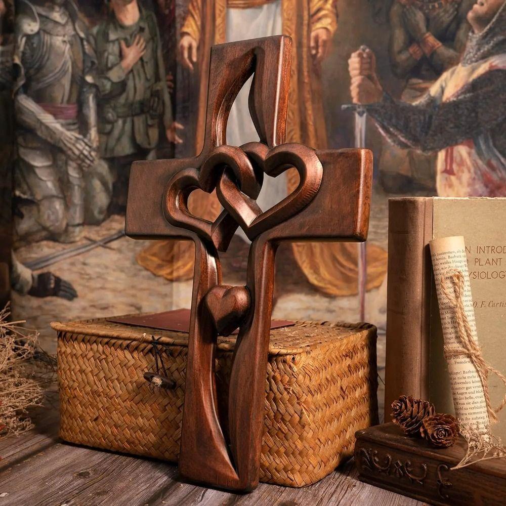 Valentine's Day Intertwined Heart Wooden Cross Solid Wood Log Cross Pendant  Christian