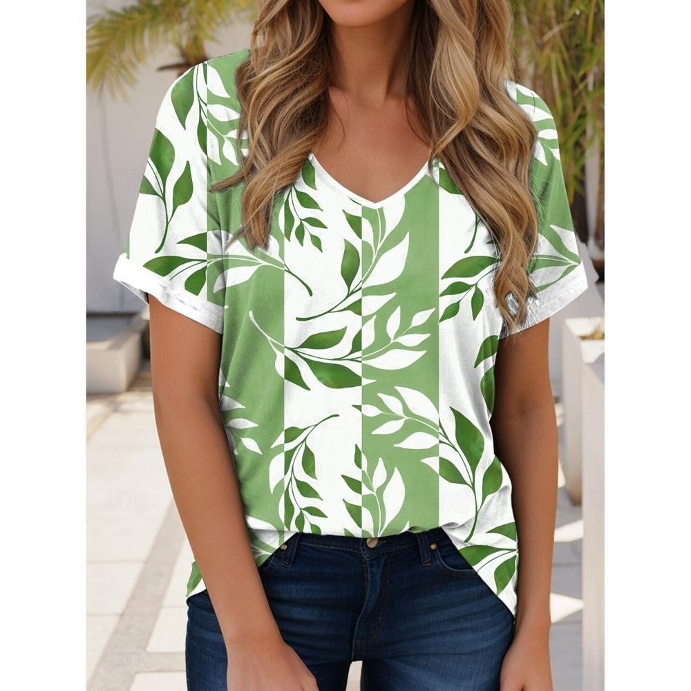 Women's Trendy T-Shirt Flowers Graphics Fashion Short Sleeved V-Neck Regular Tops Daily Print Tee Summer Y2K Casual Tops