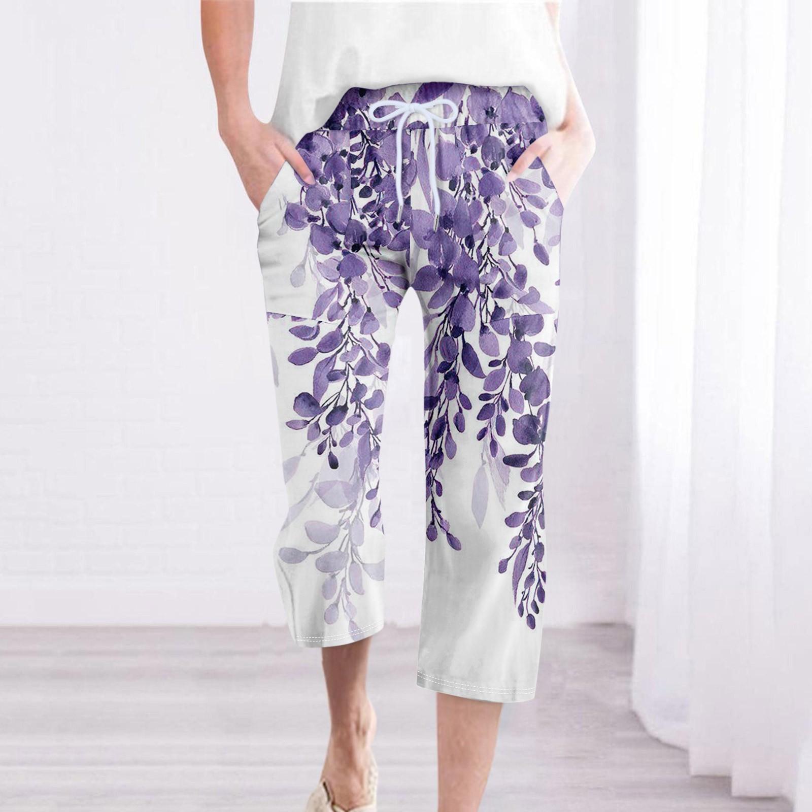 

Брюки для женщин, повседневные летние свободные брюки из хлопка и льна с принтом, брюки до середины штанин с карманами M фиолетовый