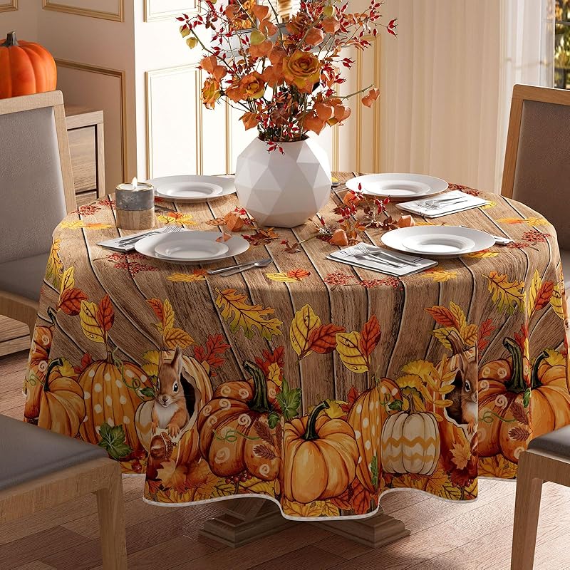 XCHI Fall Squirrel Pumpkin Maple Leaves Wood Tablecloth Rectangle Washable Table Covers for Home Party Decorations 60x84 Inch