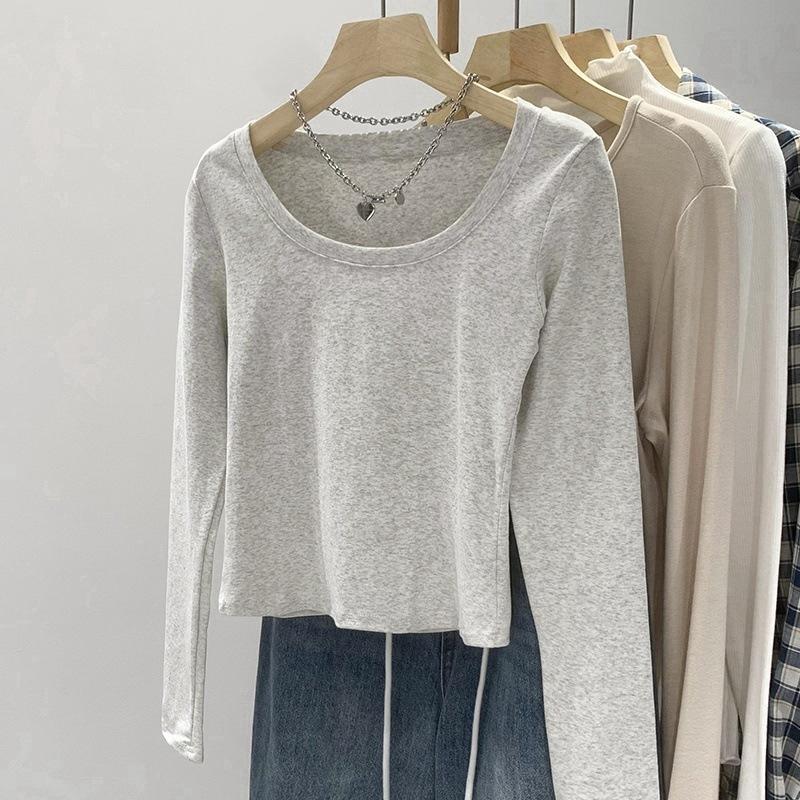 Women's Crew Neck Long Sleeve T Shirt Slim Fit American Retro Solid Color Basic Pullover Top Sexy Hot Girl Short Undershirt For Autumn Daily Outfit