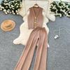 Summer Women Knitted Sweater Tracksuit Sleeveless Big Gold Button Tank Vest Tops and Wide Leg Pant Two Piece Set
