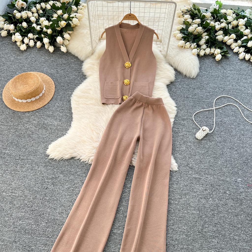 Summer Women Knitted Sweater Tracksuit Sleeveless Big Gold Button Tank Vest Tops and Wide Leg Pant Two Piece Set