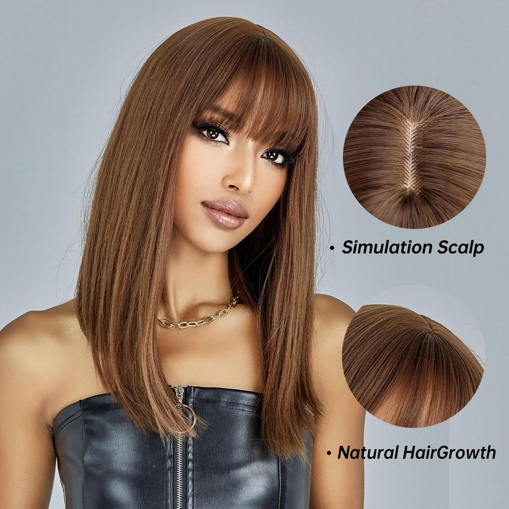 Hair Women Brown Straight Wig With Bangs Synthetic High Density Natural Long Hai - Foto 3