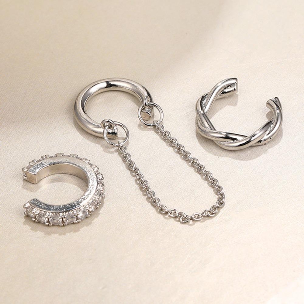 3pcs Set Trendy Personality Micro-inlay Zircon Geometry C Shape Fake Piercing Clip Earrings for Women No Ear Holes Jewelry Sets