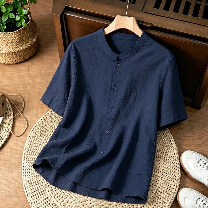 Men's Chinese Style Stand Collar Short Sleeve Shirt