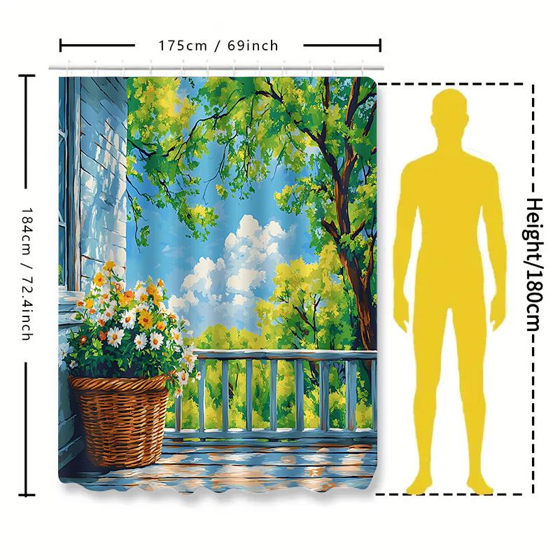 Artistic Balcony View Shower Curtain - Nature Scene with Sunflowers and Blue Sky  for Stylish Home Upgrade Waterproof  Durable