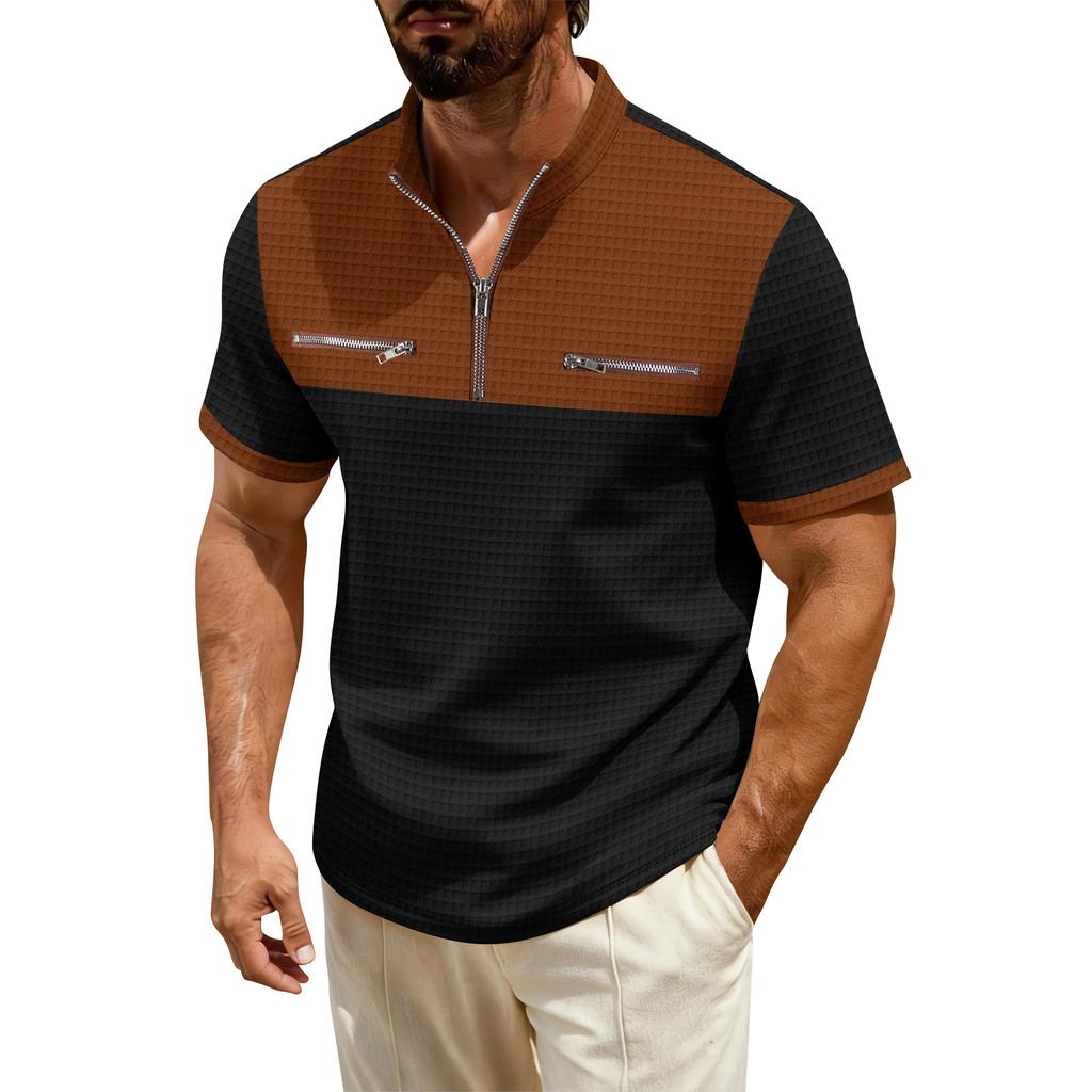 Men's Color Blocked Stand Up Collar 1/4 Zip Up Shirt  Men's Casual And Comfortable Short Sleeved Shirt
