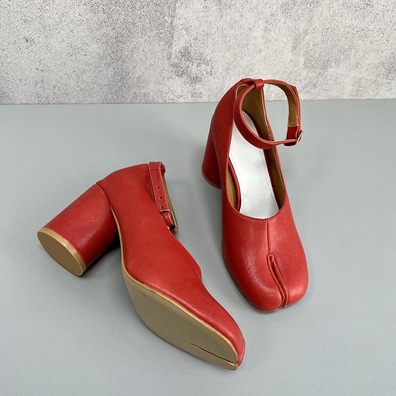 Fashion Fashion Ballet Style Split Toe Mary Janes Tabi Women Pumps Comfortable Soft Leather Ankle Strap Thick High Heels Chunky Shoes