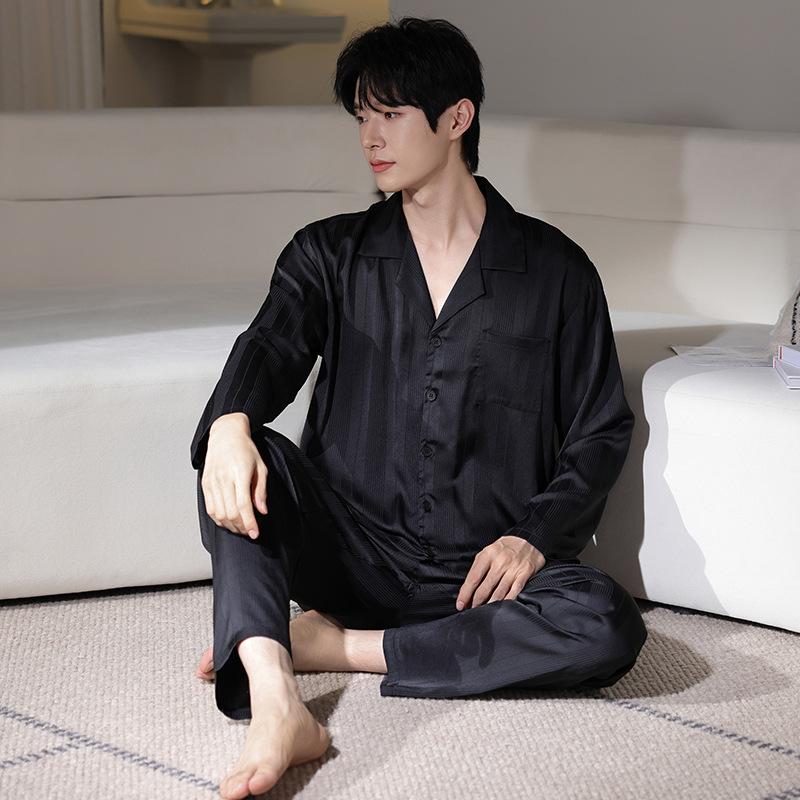 Ice Silk Pajamas Men'S Spring And Autumn Silk Summer Loungewear Long-Sleeved Men'S Striped Autumn Four-Season Large-Size Suit