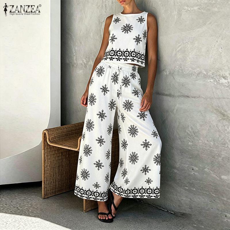 ZANZEA Two Piece Suit Women Sleeveless Print Tank Tops and Long Pants Casual Sets