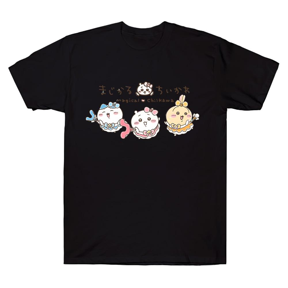 Футболки «Девочка-волшебница Чиикава» Волшебная Чиикава Кавайные мультяшные футболки Унисекс Аниме Повседневная одежда Топы Хлопковые футболки XS чёрный