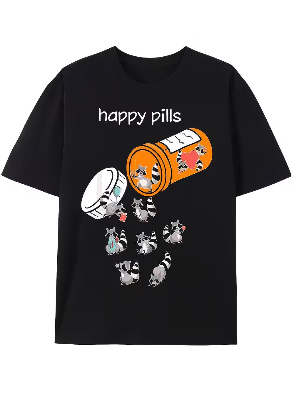 

Happy Pill Raccoon Cartoon Pattern T-Shirt - Men S Soft Short-Sleeve T-Shirt in Black Featuring a Playful Orange Pill Bottle Design XXXXL