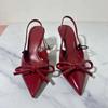 Red Bow Slingbacks High Heels For Woman Sexy Pointed Toe Patent Leather High Heels  Autumn Elegant Woman Heeled Shoes
