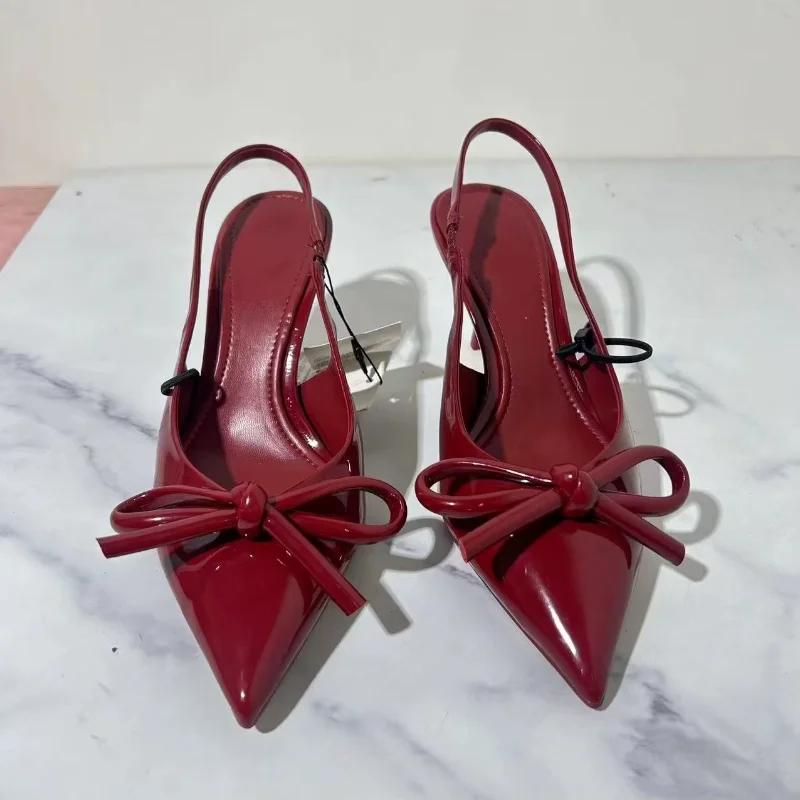 Red Bow Slingbacks High Heels For Woman Sexy Pointed Toe Patent Leather High Heels Autumn Elegant Woman Heeled Shoes