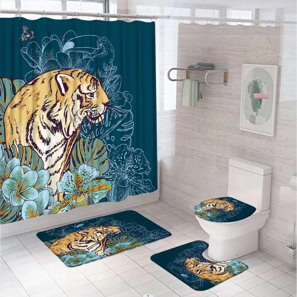 Tiger Shower Curtain Set Tropical Palm Leaf Wildlife Animal Jungle Zebra Leopard Bathroom Curtains Rug Bath Mat Lid Toilet Cover