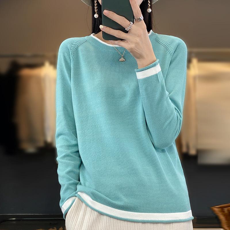 Knitwear Women's Round Neck Sweater Spring Loose Color Matching Cotton and Linen Bottoming Shirt